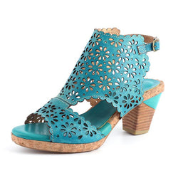 Women's floral hollow peep toe chunky summer booties