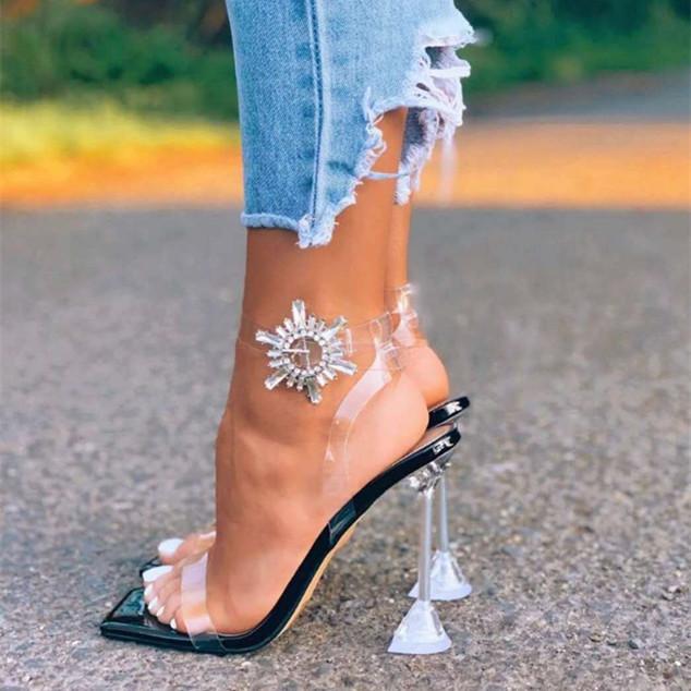 Women's clear ankle strap heeled sandals flower decor square toe cup heel sandals