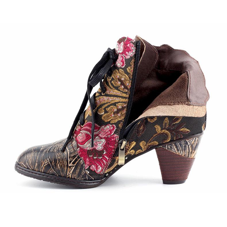 Women's retro handmade floral embroidery leather booties
