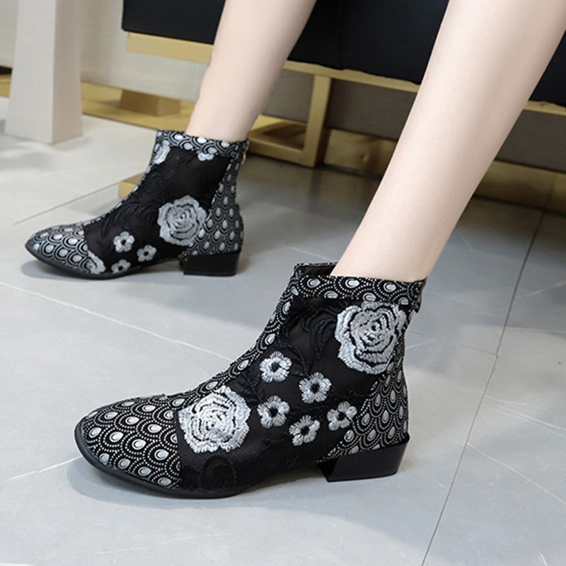 Womens's mesh hollowed flowers embroidery summer booties retro zipper boots