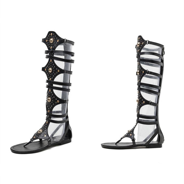 Women rivets hollow knee high clip toe gladiator sandals