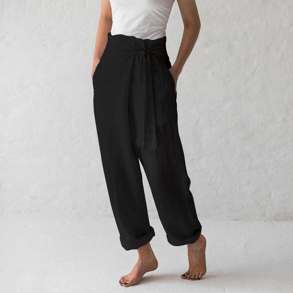 Women's linen high waist paper bag pants casual summer loose fit pants