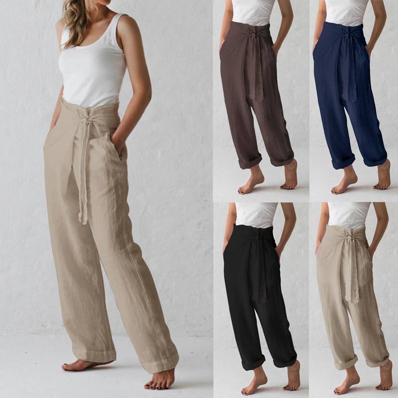 Women's linen high waist paper bag pants casual summer loose fit pants