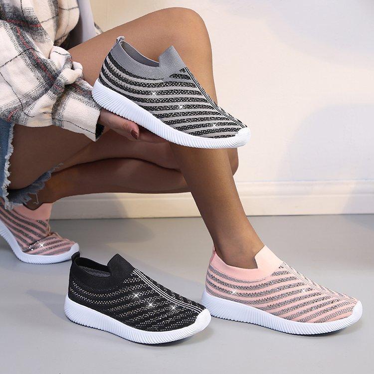 Women's rhinestone glitter fly knit breathable sock sneakers slip-on