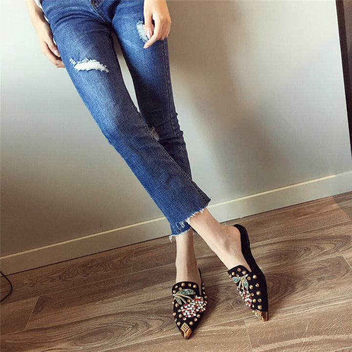 Women's rhinestone spikes pointed closed toe flat mules