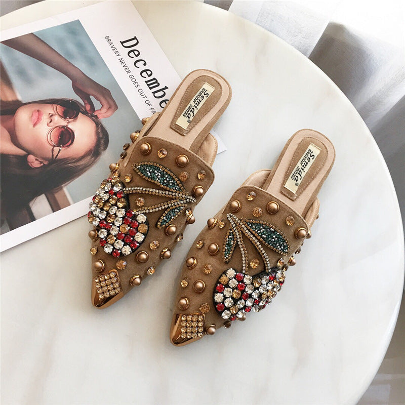 Women's rhinestone spikes pointed closed toe flat mules