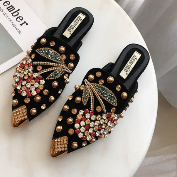 Women's rhinestone spikes pointed closed toe flat mules