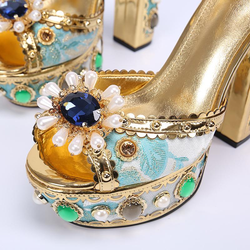 Women's golden pearls beaded peep toe chunky sandals for party nighclubs