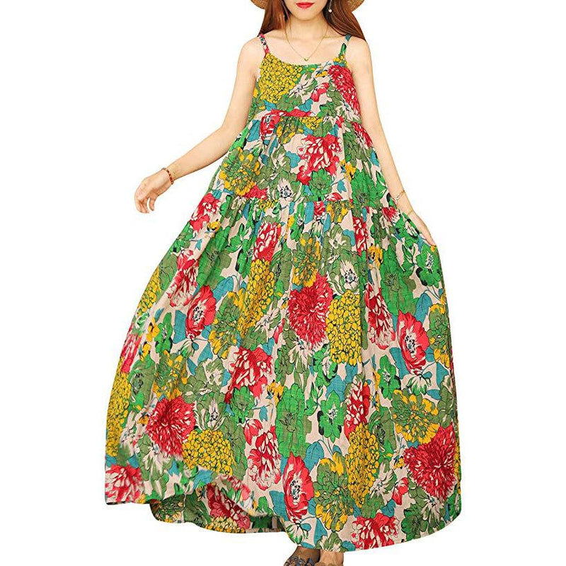 Women's bohemian floral print spaghetti strap maxi dress summer beach swing dress