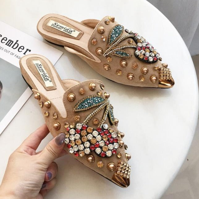 Women's rhinestone spikes pointed closed toe flat mules