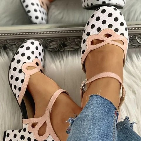 Cute black dots print block heels loafers shoes | Chunky high heels marry jane dressy shoes