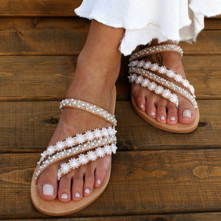 Womens's white beaded slide sandals flat summer beach sandals