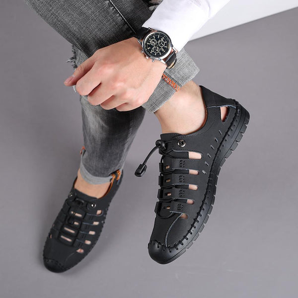 Men's hollow breathable closed toe water sandals elastic front lace sandals