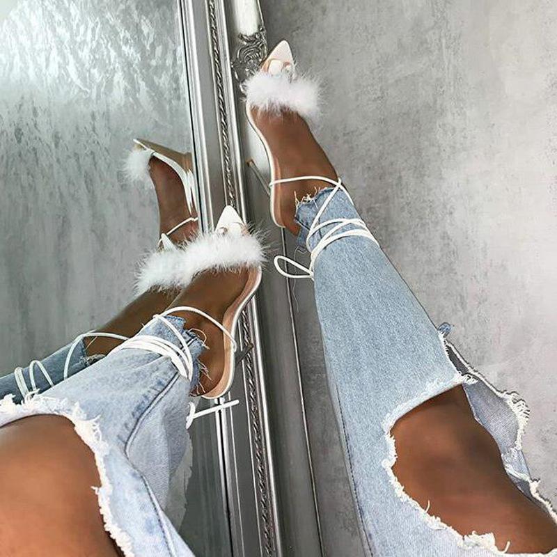 Women's peep toe sexy fuzzy lace-up high heels