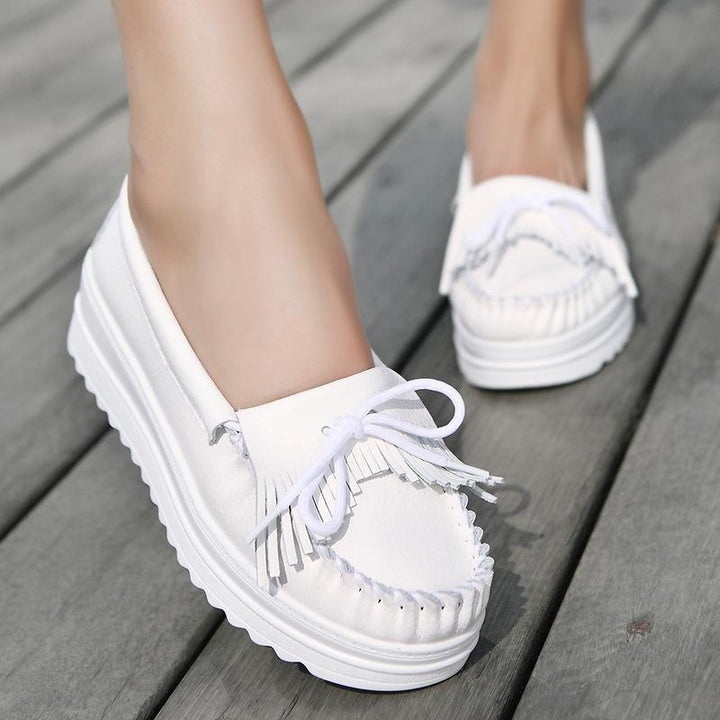 Women's white slip on platform wedge tassels loafers shoes