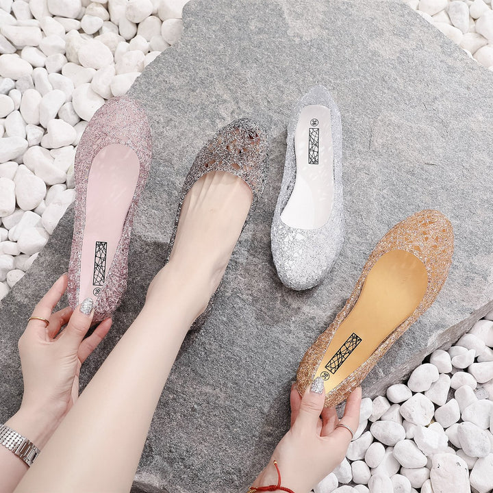 Women's hollow rhinestone jelly flats cute slip on shoes