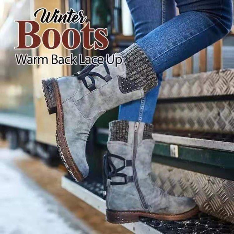 Women's mid-calf sweater cuff snow boots flat back lace boots with zipper