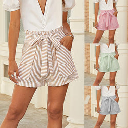 Women bowknot tie waist summer casual shorts with pockets