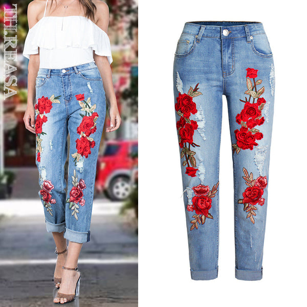 Red rose flower embroidery light wash jeans summer vintage floral distressed jeans