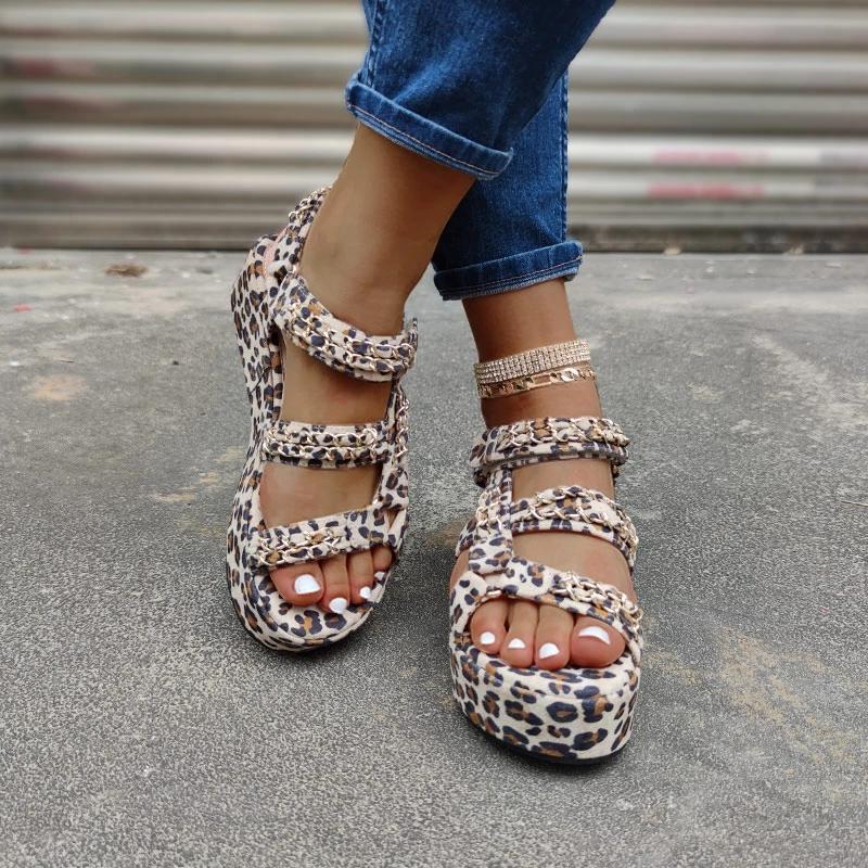 Women's thick platform peep toe metal chain leapard snakeskin print sandals
