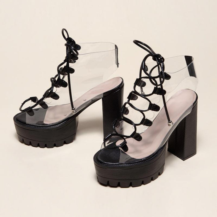 Women's chunky high heel peep toe lace-up summer sandals booties
