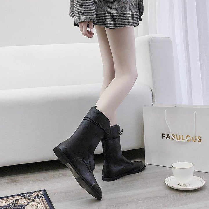 Women's black soft PU front lace mid calf boots