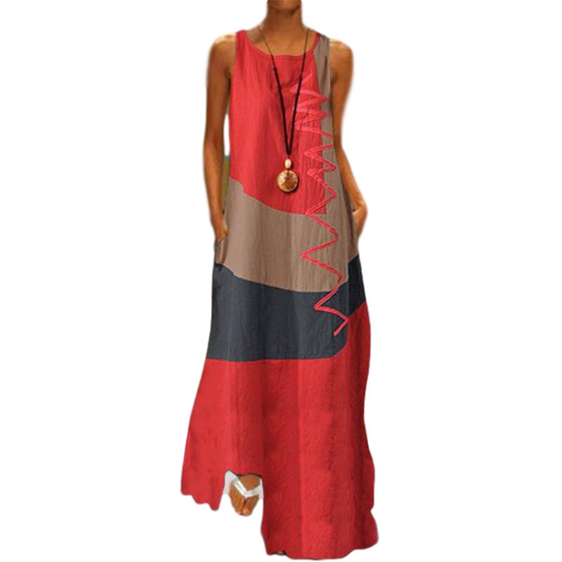 Women Summer Sleeveless Color Block Maxi Dress