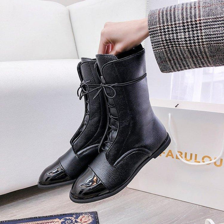 Women's black soft PU front lace mid calf boots