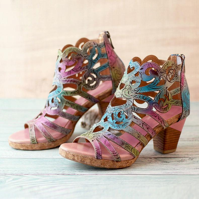 Women's colorful hollow peep toe sandal boots with back zipper