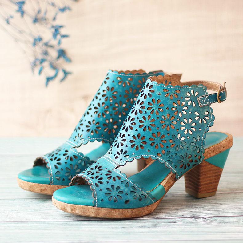 Women's floral hollow peep toe chunky summer booties