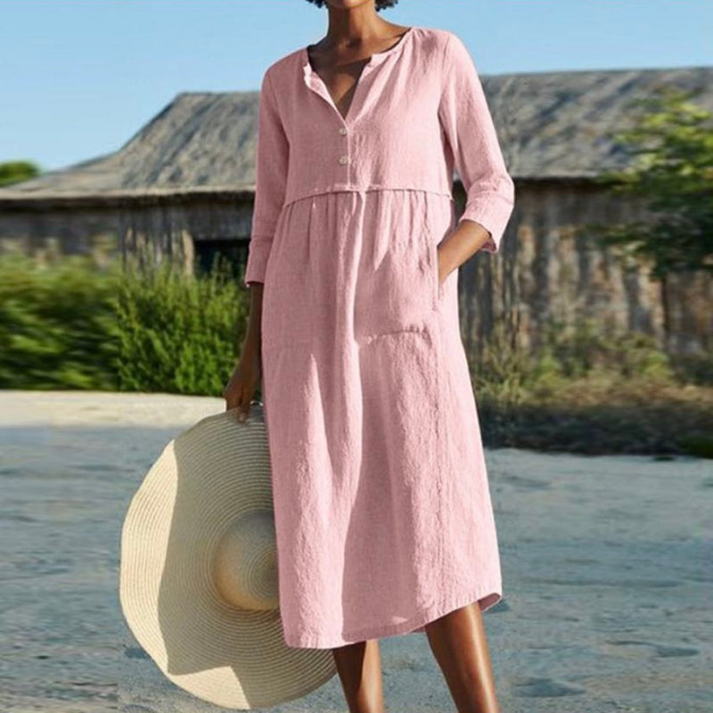 Women Linen Solid Half Sleeve Midi Summer Dress