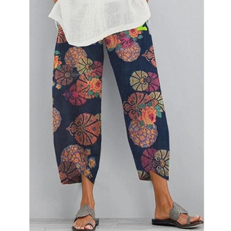 Women's linen floral print cropped pants elestic waist pull on wide leg summer pants