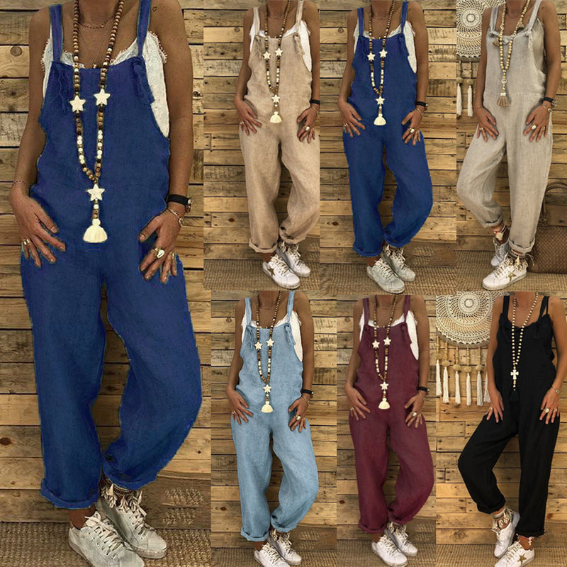 Women's long casual loose bib pants overalls baggy rompers jumpsuits with pockets