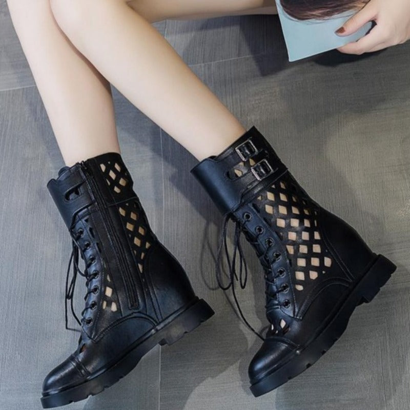 Women's summer hollow out mid calf chunky platform gladiator boots