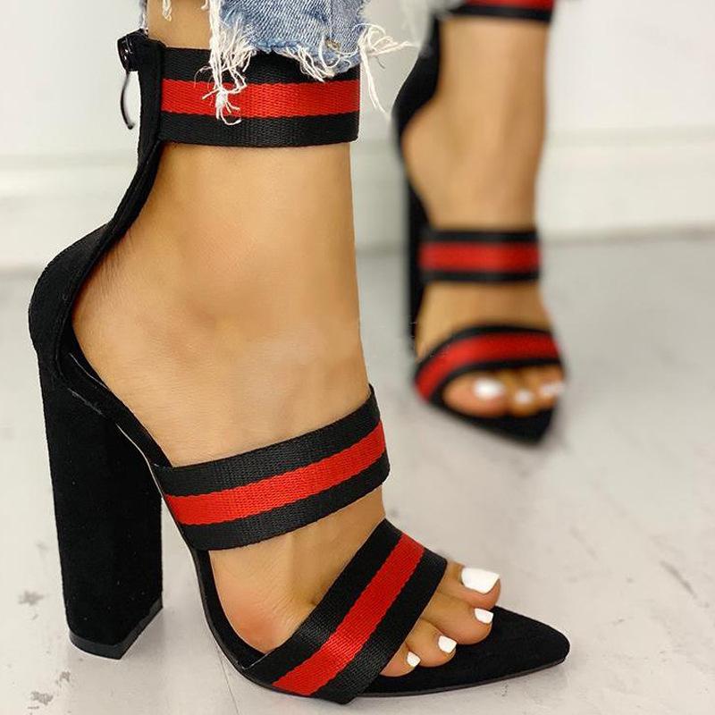 Women black red 2 straps pointed peep toe chunky high heels