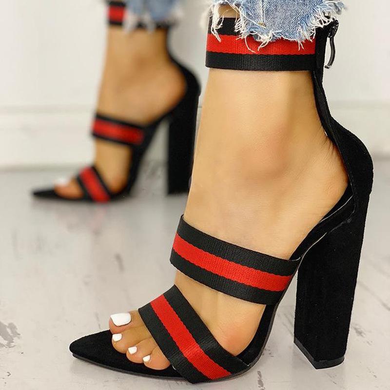 Women black red 2 straps pointed peep toe chunky high heels