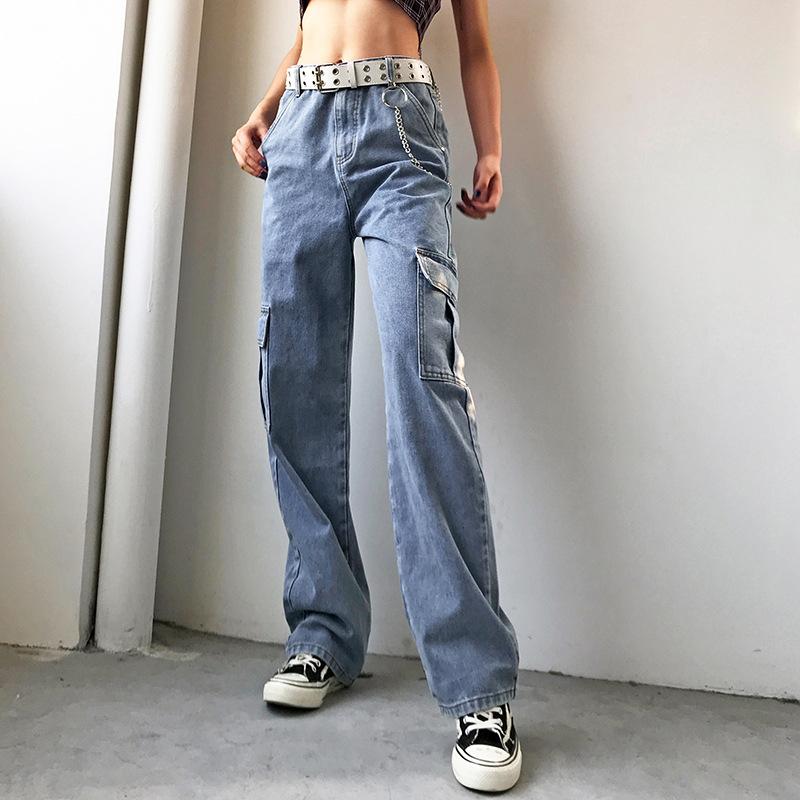 Women's mid rise fashion cargo jeans loose fit baggy jeans
