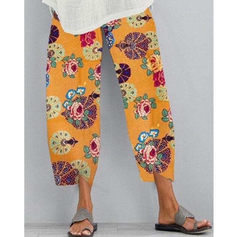 Women's linen floral print cropped pants elestic waist pull on wide leg summer pants