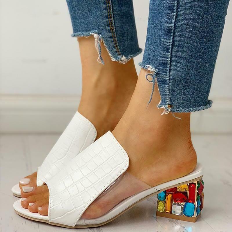 Women's peep toe clear mules sandals chunky heel arch support slide sandals