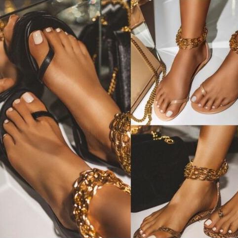Women's ring toe ankle golden metal chain sandals