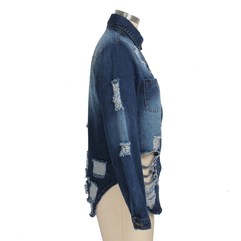 Women casual distressed frayed denim coat tops