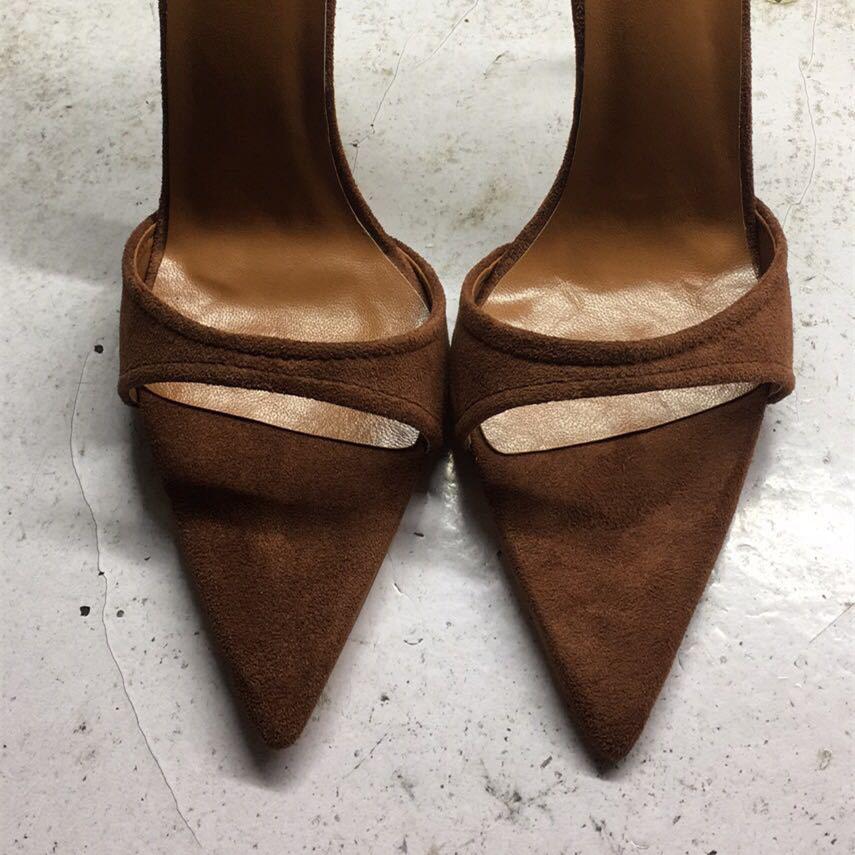 Sexy dark apricot pointed peep toe backless stiletto high heels
