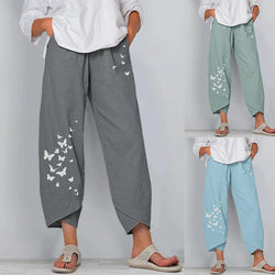 Women's butterfly print summer linen pants casual loose fit