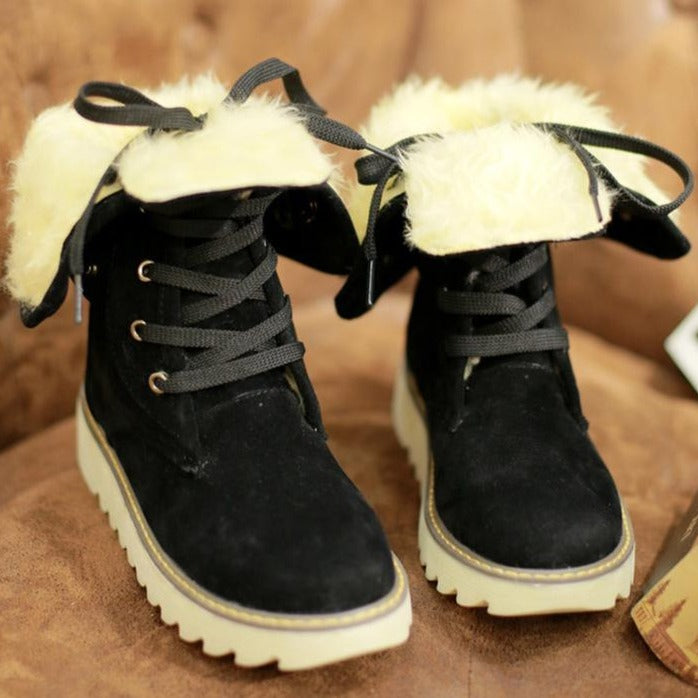 Women's warm thick fur lining lace-up  snow boots flat non-slip warm winter boots