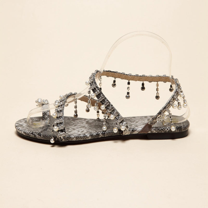 Women's black gray snakeskin beads ring toe beach sandals