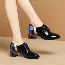 Women's chunky block heel fashion  loafers dress shoes front lace PU patent leather