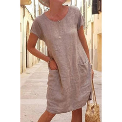 Women Solid Short Sleeve Linen Summer Dress