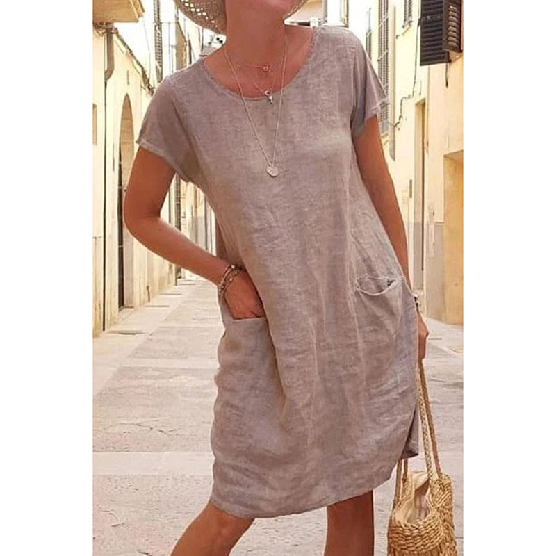 Women Solid Short Sleeve Linen Summer Dress