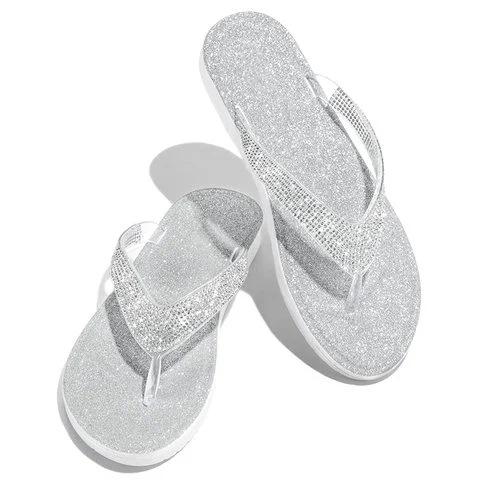 silver Women's rhinestone glitter flip flop sandals for beach anti-slip