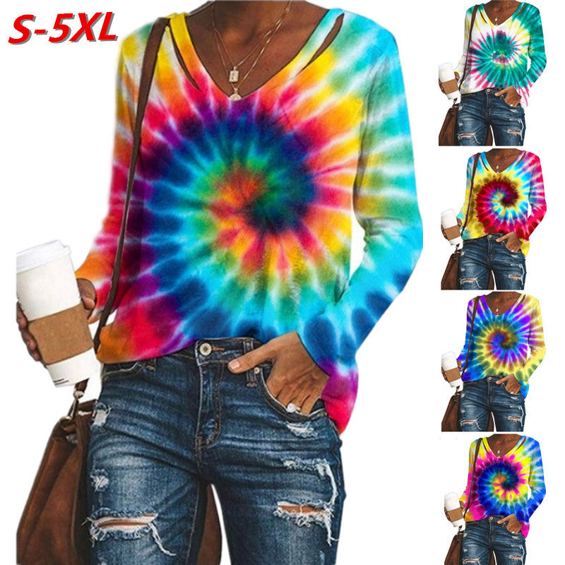 Long Sleeve V Neck Colorful Womens Tie Dye Shirts